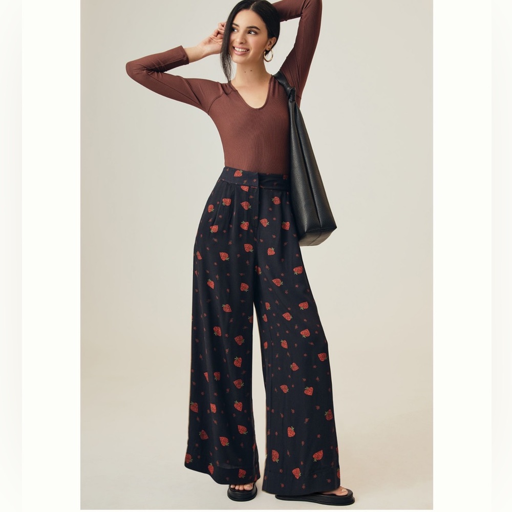 FARM Rio Black Wide-Leg Pants with Red Floral Print
